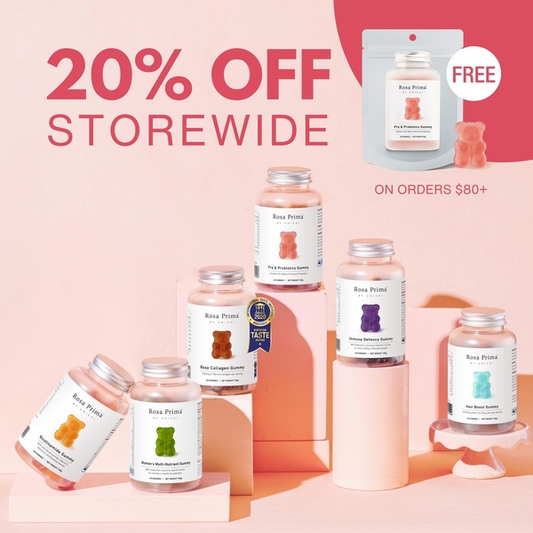 A clean, studio-lit display of six distinct vitamin gummy bottles arranged on pedestals with a bold offer headline for a storewide sale.